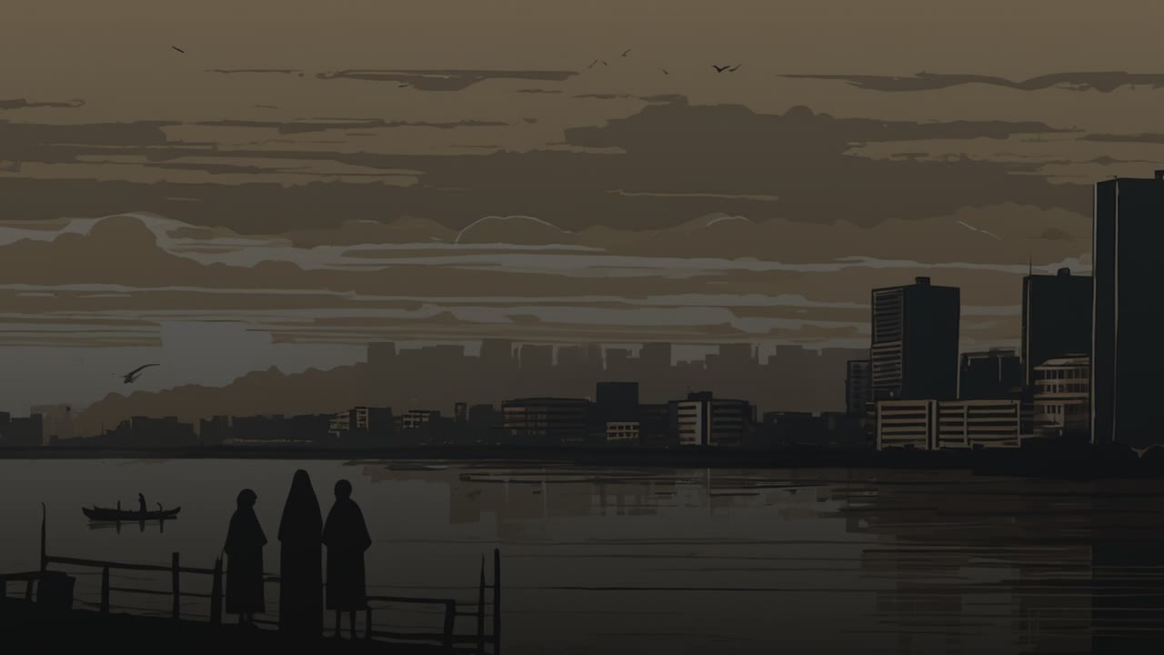 Three figures on a jetty look across the water at the Lagos skyline under a heavy sky
